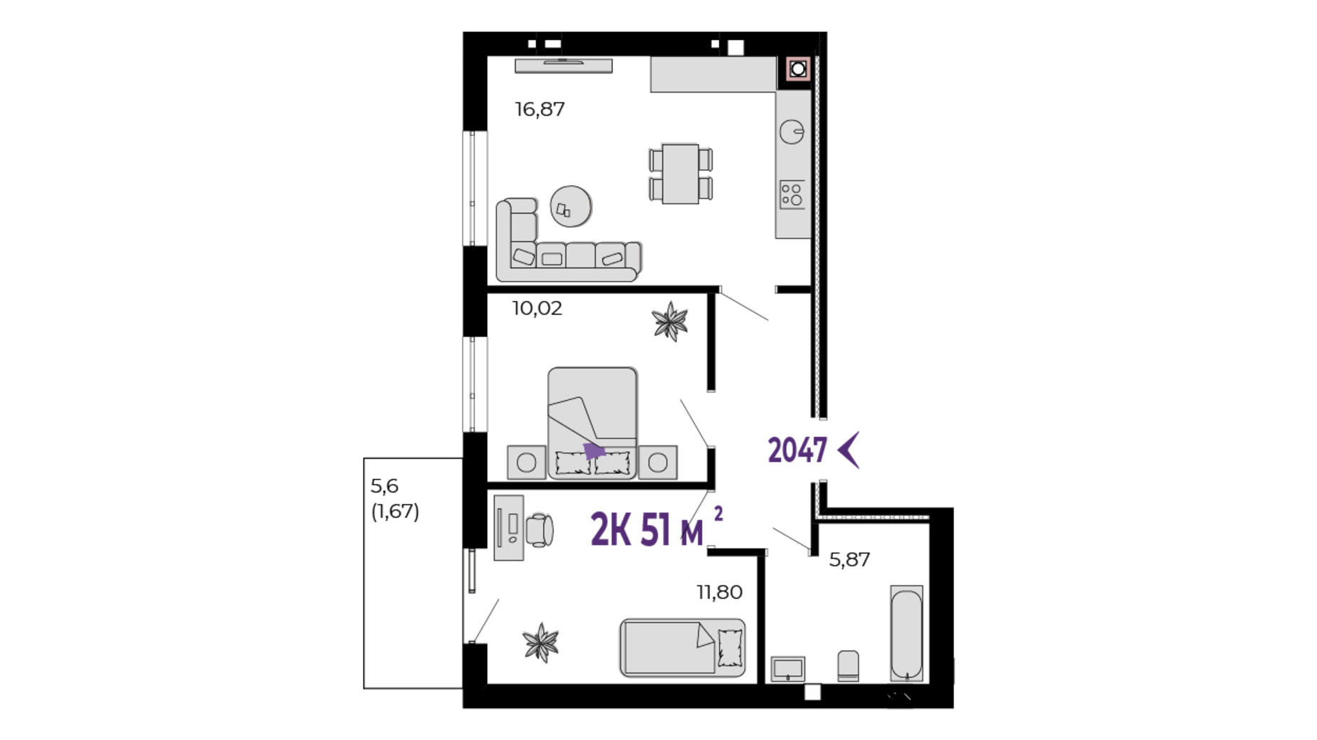 Планировка 2-комнатной квартиры в ЖК Долішній 51 м², фото 689949