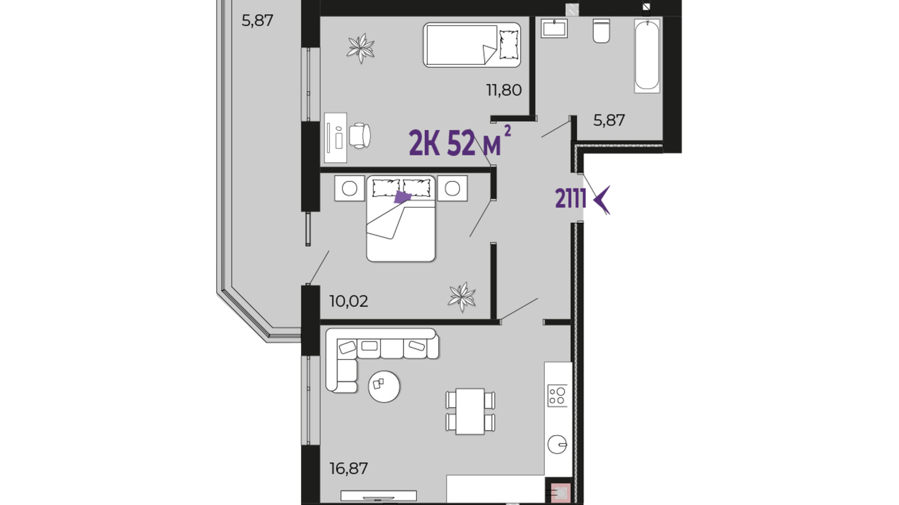 Планування 2-кімнатної квартири в ЖК Долішній 52 м², фото 689950