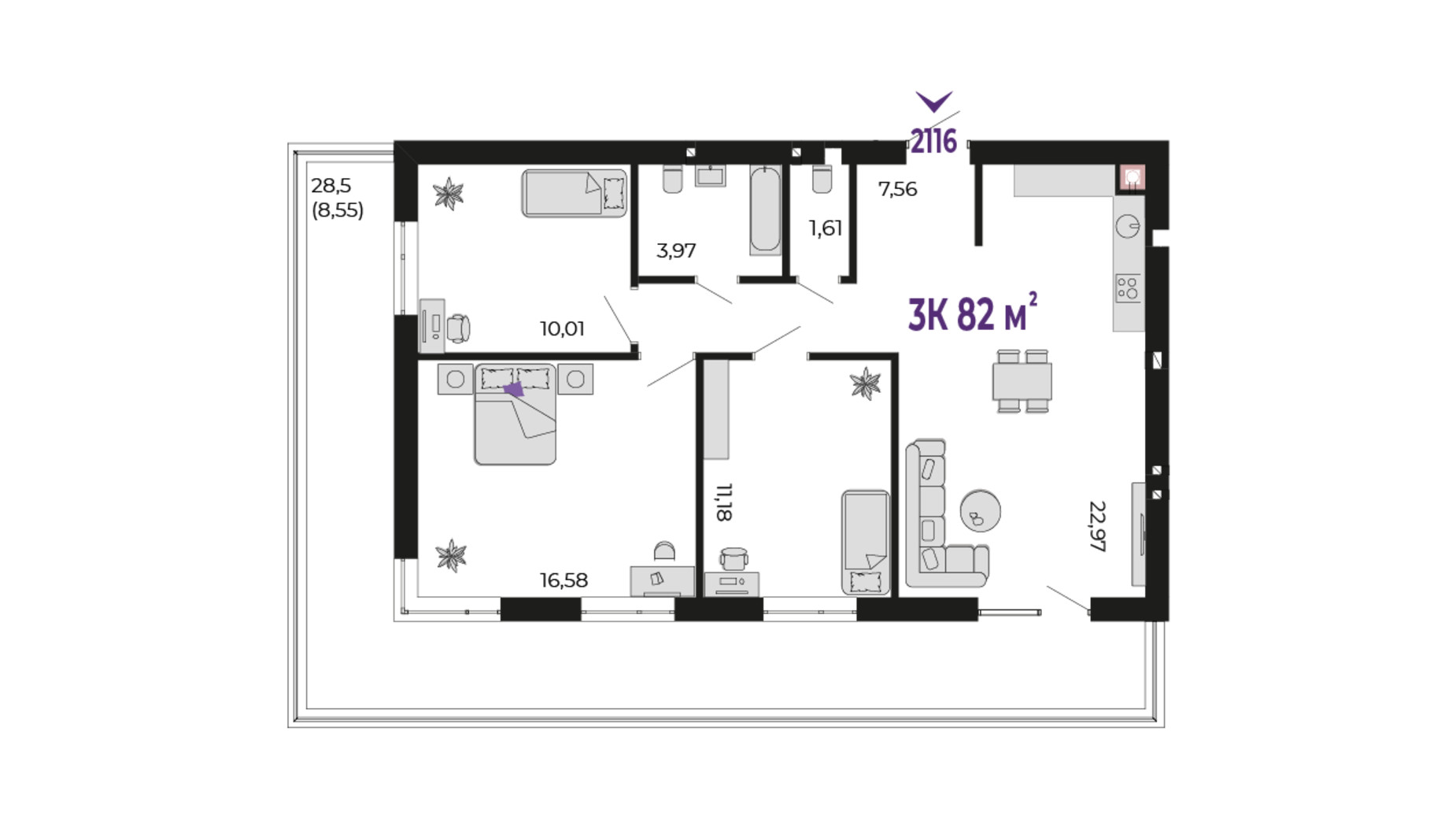 Планування 3-кімнатної квартири в ЖК Долішній 82 м², фото 689952