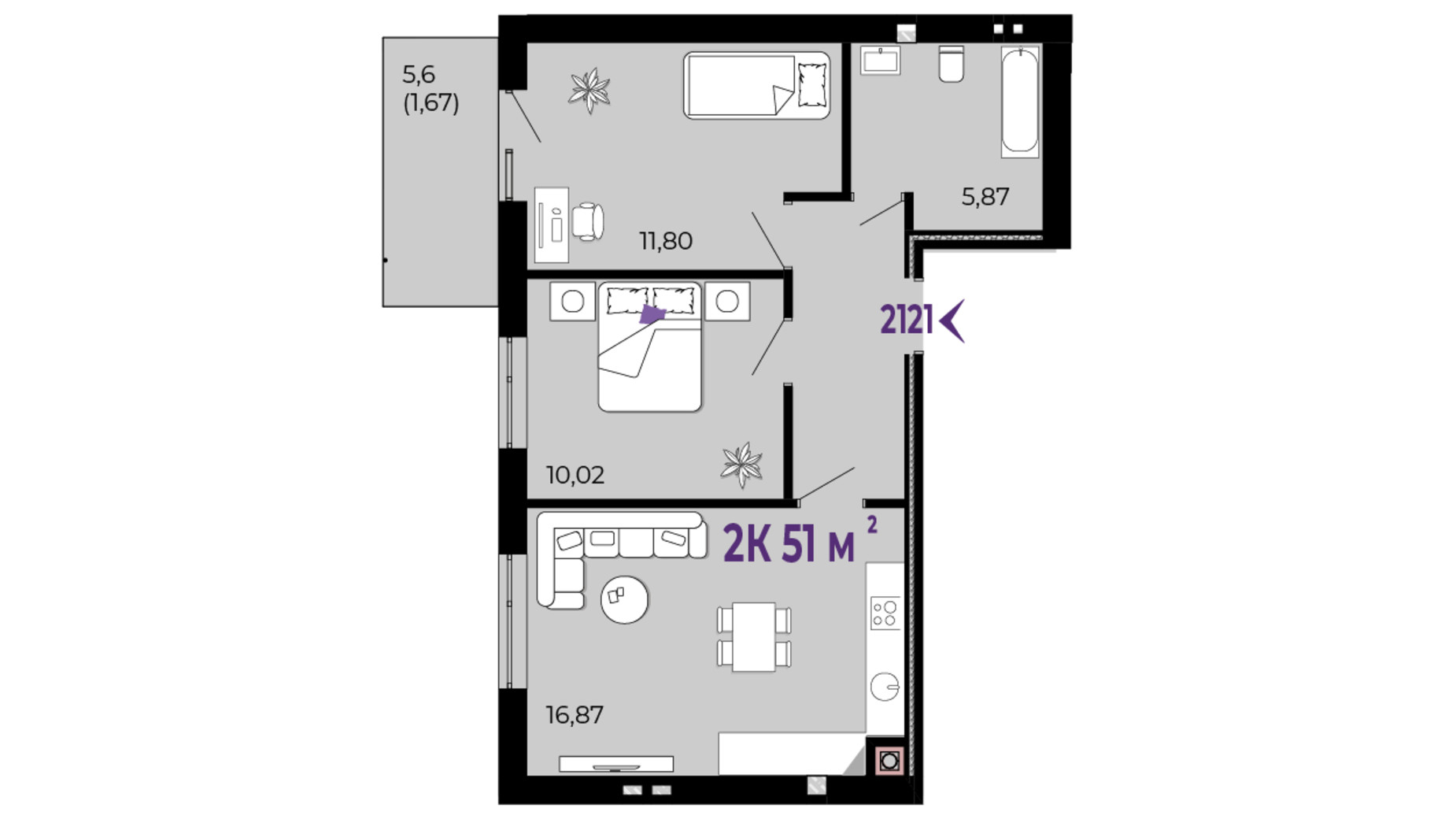 Планування 2-кімнатної квартири в ЖК Долішній 51 м², фото 689954