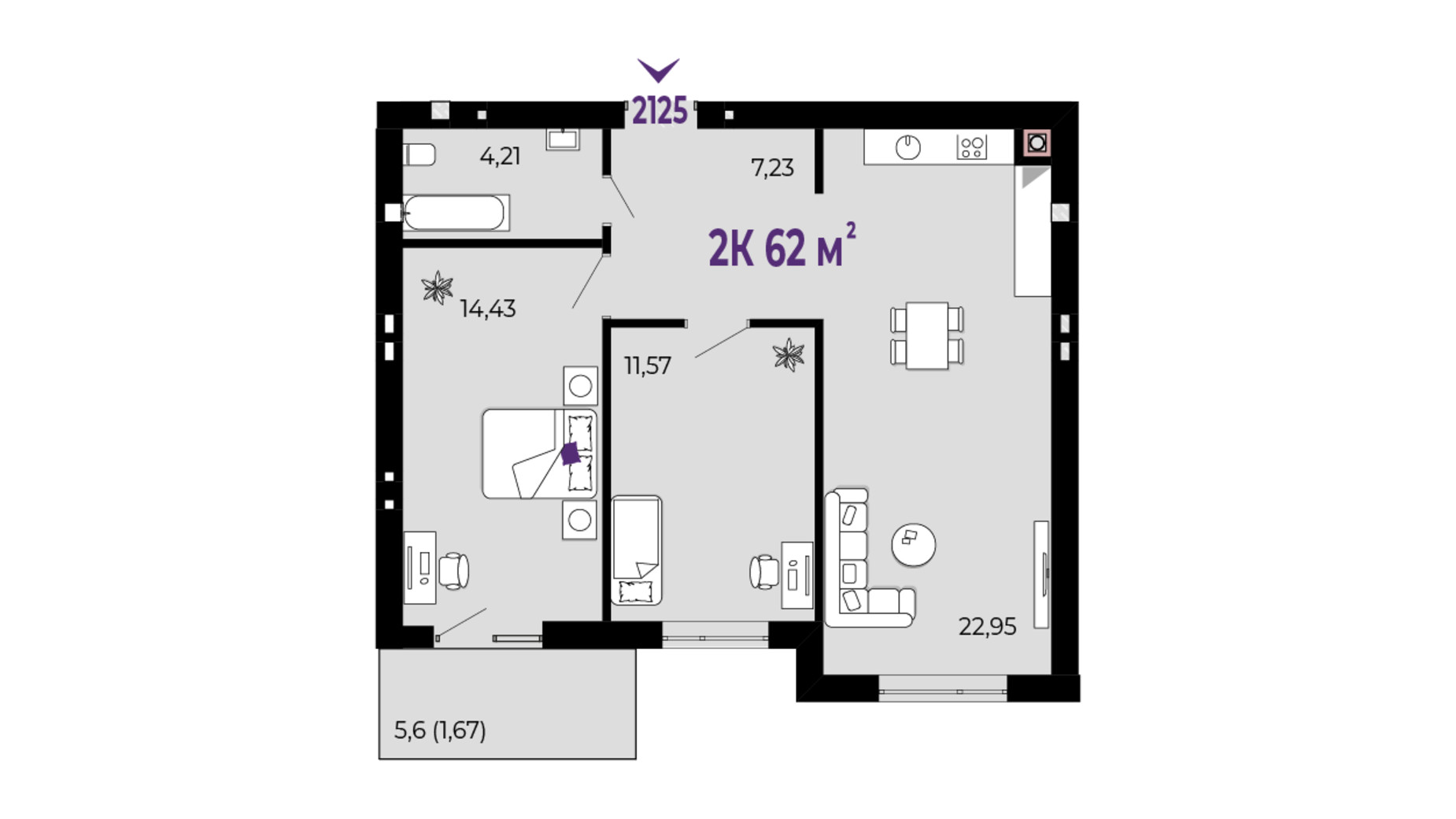 Планування 2-кімнатної квартири в ЖК Долішній 62 м², фото 689958