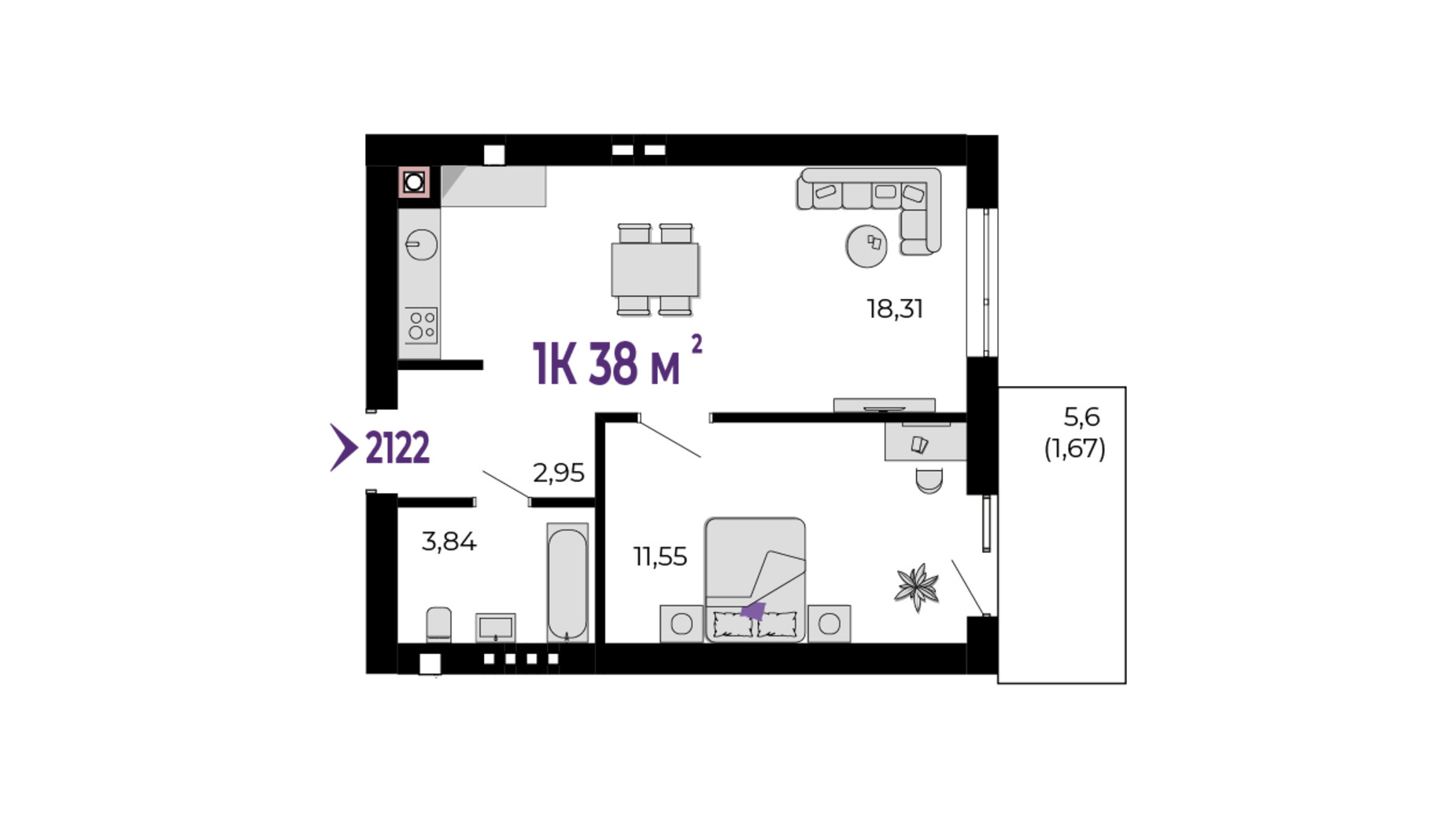 Планировка 1-комнатной квартиры в ЖК Долішній 38 м², фото 689959