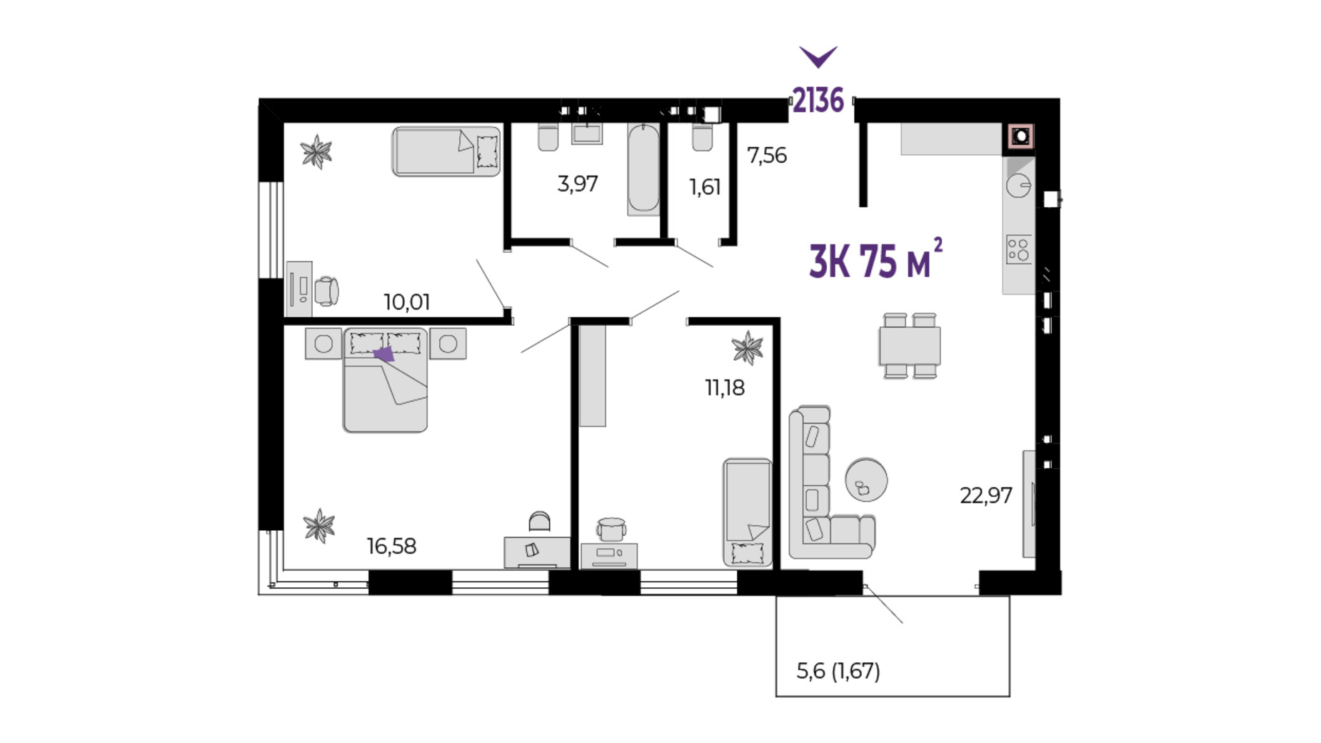 Планування 3-кімнатної квартири в ЖК Долішній 75 м², фото 689962