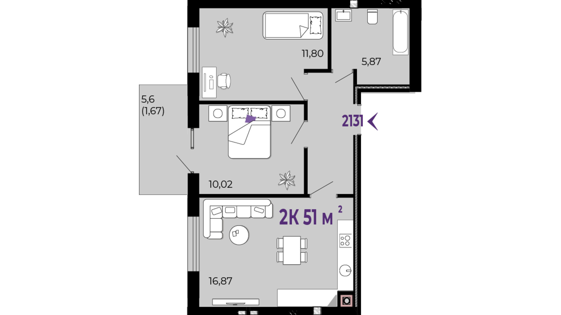 Планування 2-кімнатної квартири в ЖК Долішній 51 м², фото 689963