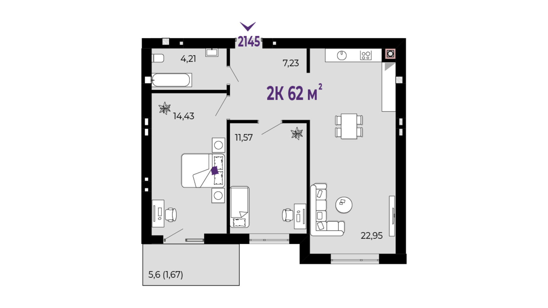 Планування 2-кімнатної квартири в ЖК Долішній 62 м², фото 689967