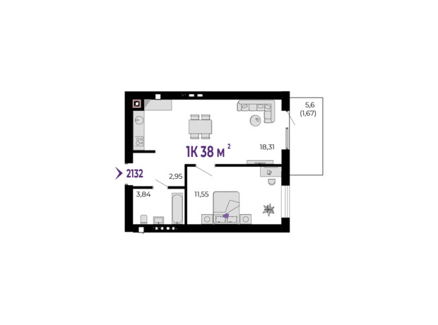 ЖК Долішній: планировка 1-комнатной квартиры 38 м²