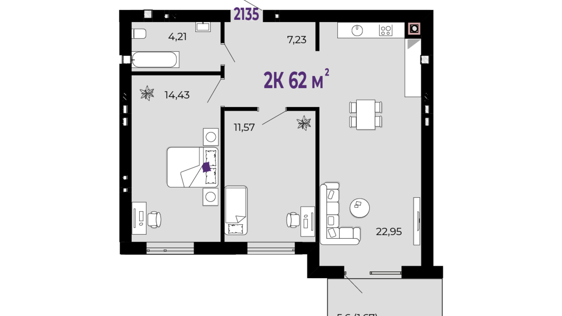 Планування 2-кімнатної квартири в ЖК Долішній 62 м², фото 689970