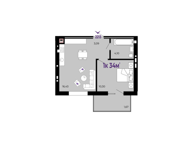 ЖК Долішній: планування 1-кімнатної квартири 34 м²