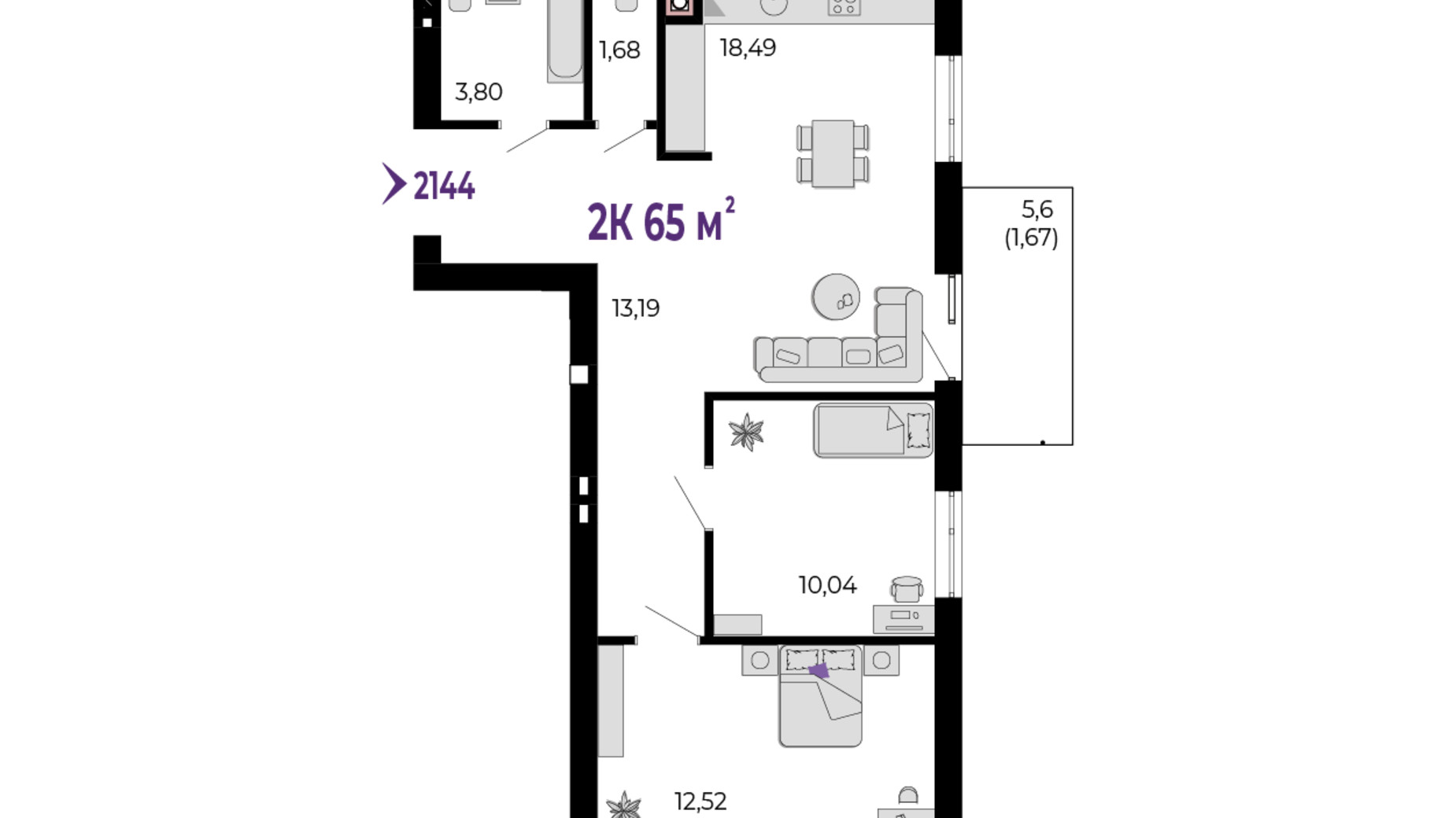 Планировка 2-комнатной квартиры в ЖК Долішній 65 м², фото 689974