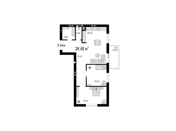 ЖК Долішній: планировка 2-комнатной квартиры 65 м²