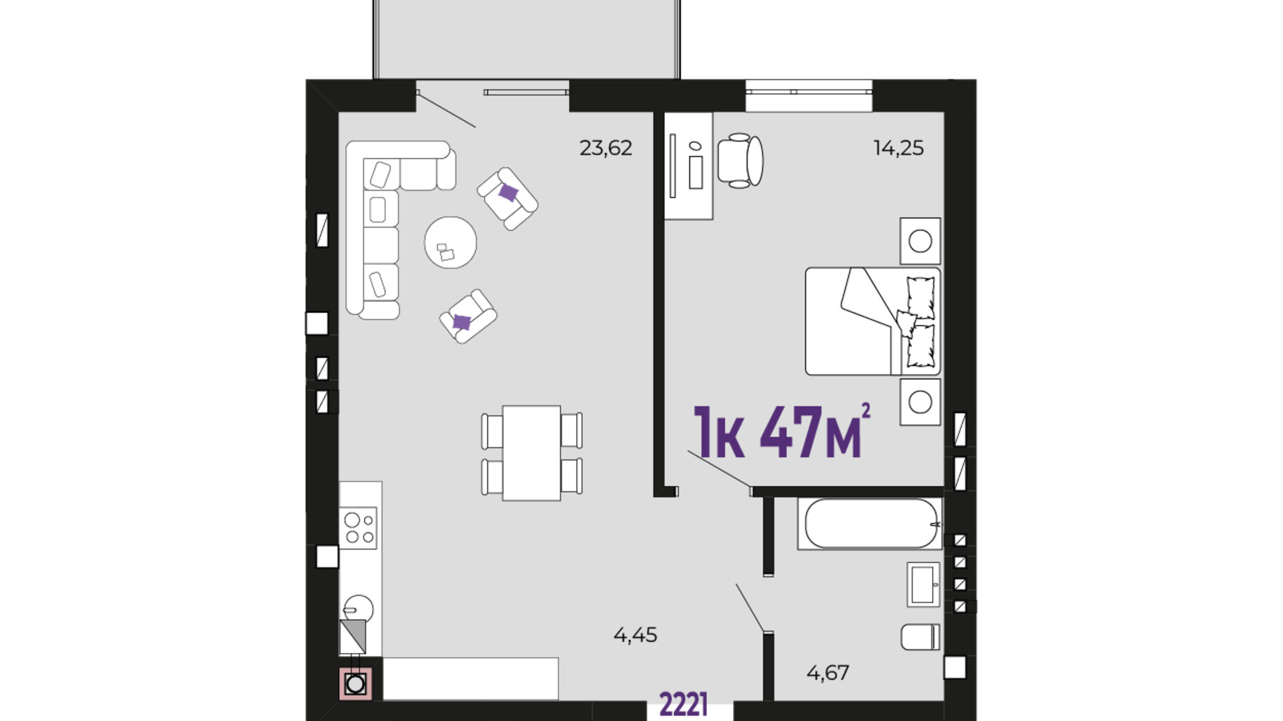 Планування 1-кімнатної квартири в ЖК Долішній 47 м², фото 689978