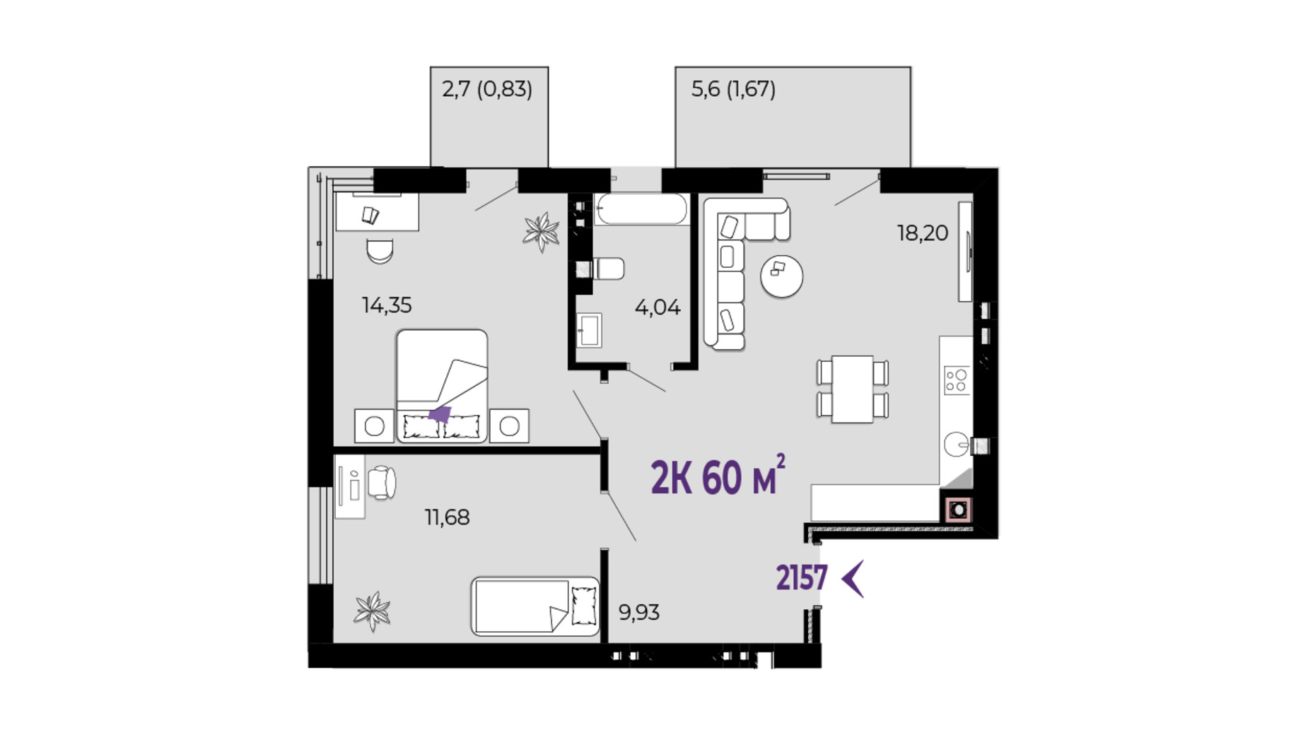 Планування 2-кімнатної квартири в ЖК Долішній 60 м², фото 689981