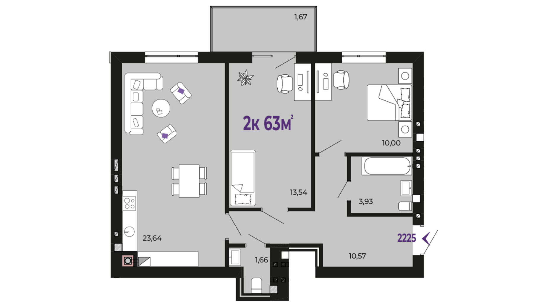 Планировка 2-комнатной квартиры в ЖК Долішній 63 м², фото 689982