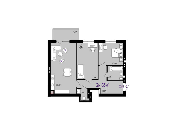 ЖК Долішній: планировка 2-комнатной квартиры 63 м²