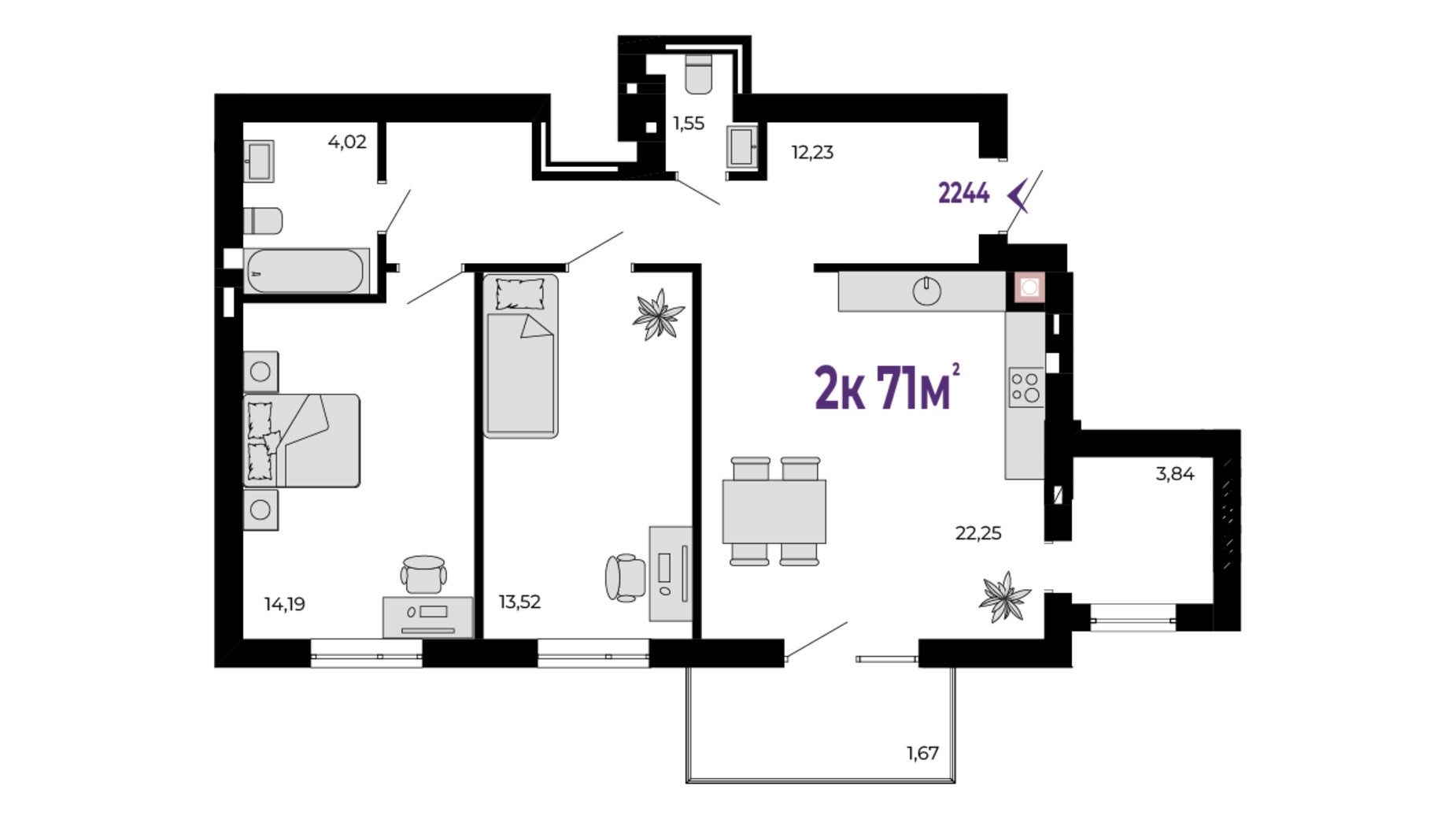 Планування 2-кімнатної квартири в ЖК Долішній 71 м², фото 689986
