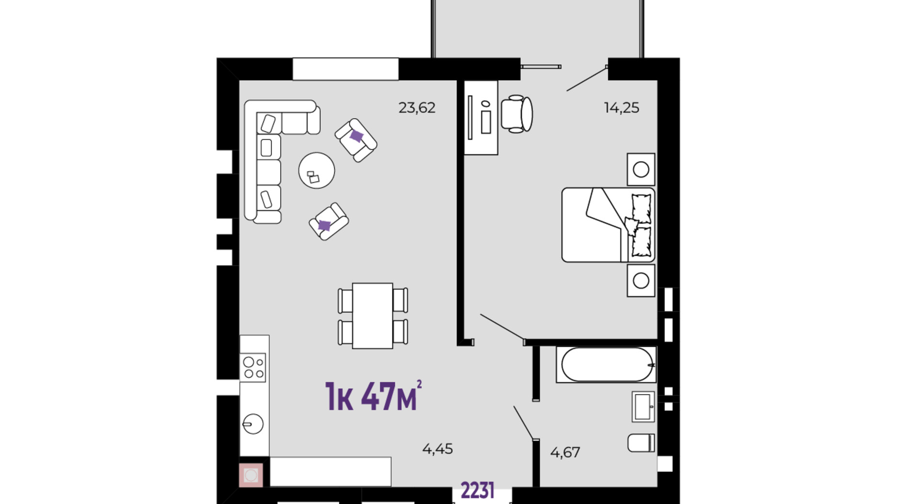 Планування 1-кімнатної квартири в ЖК Долішній 47 м², фото 689990