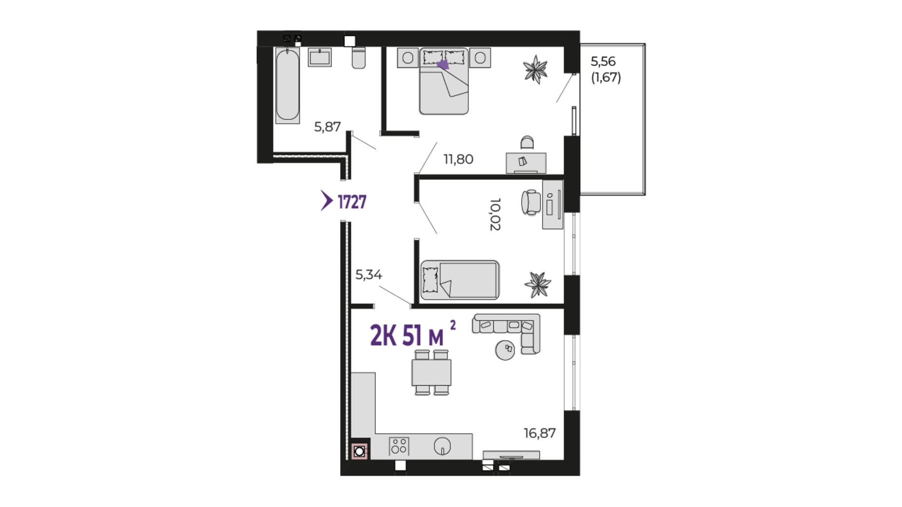 Планування 2-кімнатної квартири в ЖК Долішній 51 м², фото 689996