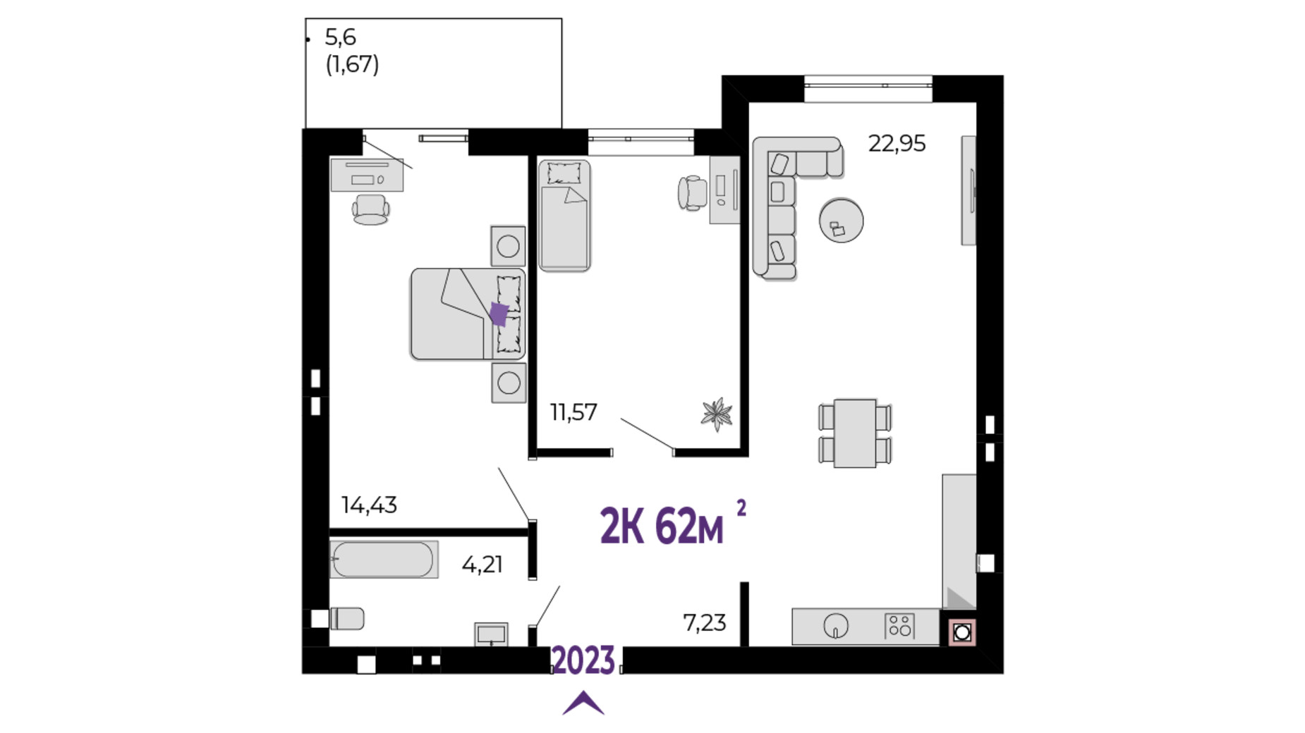 Планування 2-кімнатної квартири в ЖК Долішній 62 м², фото 690002