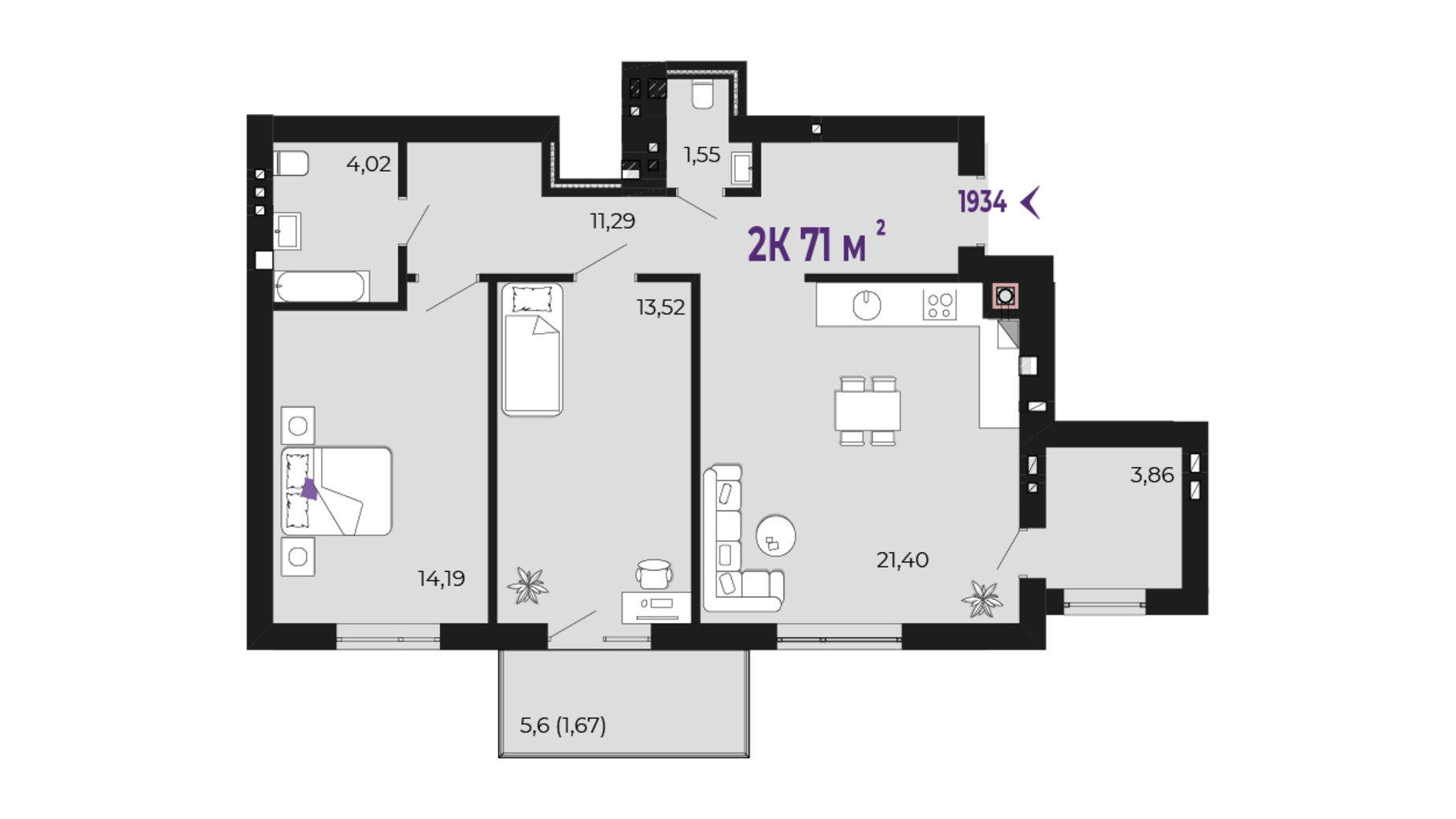 Планування 2-кімнатної квартири в ЖК Долішній 71 м², фото 690006