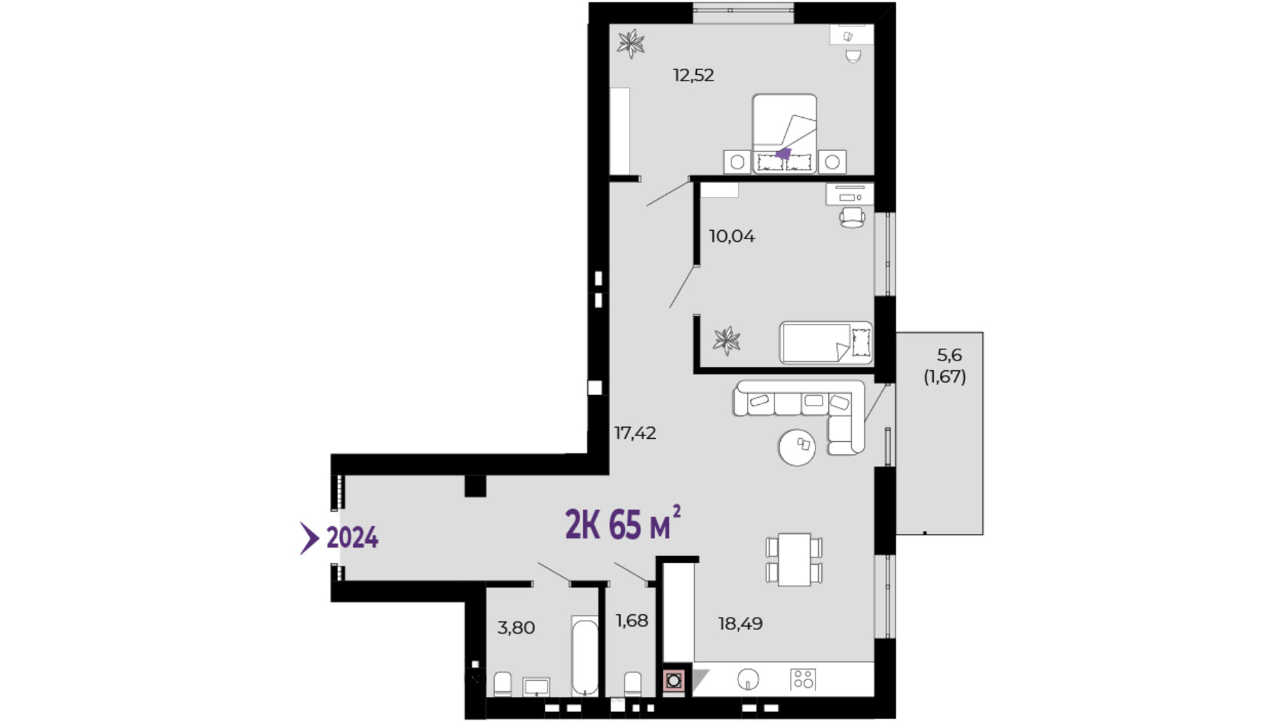 Планування 2-кімнатної квартири в ЖК Долішній 65 м², фото 690008