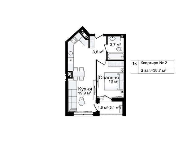 ЖК вул. Лікарська, 12: планування 1-кімнатної квартири 38.7 м²