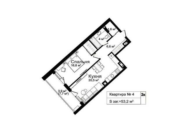 ЖК ул. Лекарственная, 12: планировка 1-комнатной квартиры 53.2 м²