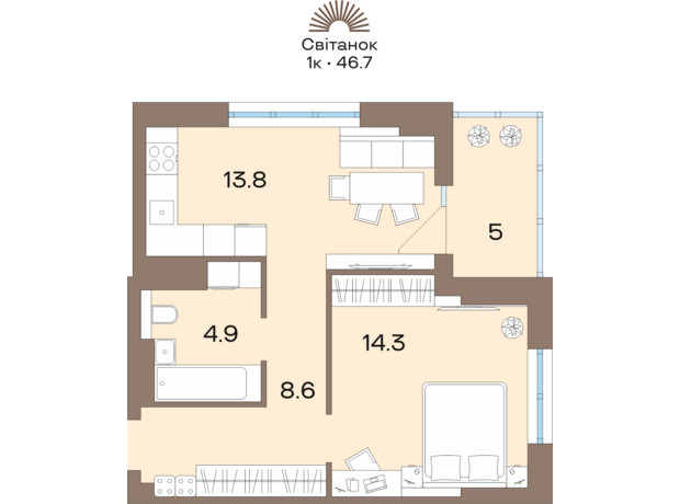 ЖК Соуренж: планування 1-кімнатної квартири 46.7 м²