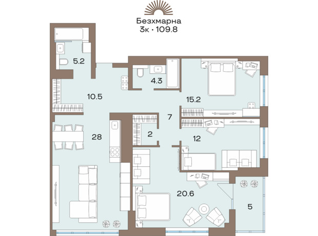 ЖК Соуренж: планировка 3-комнатной квартиры 109.8 м²