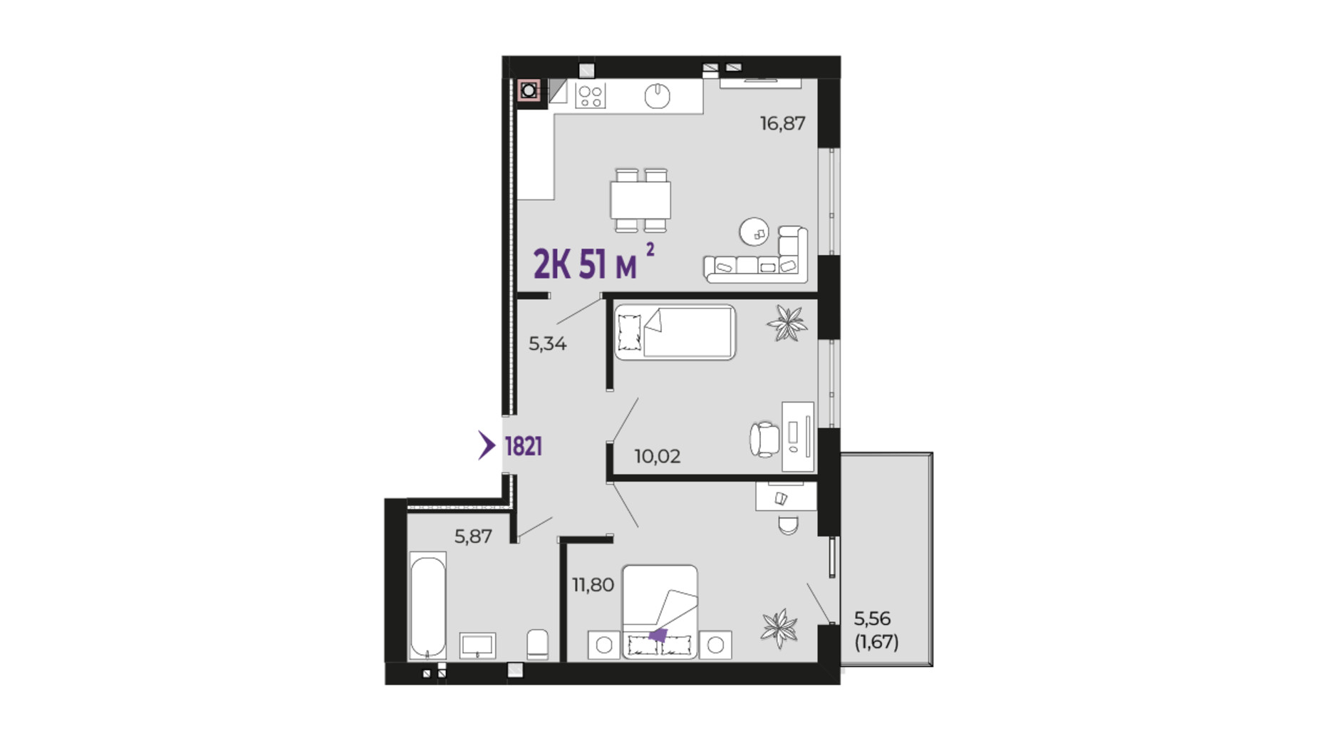 Планування 2-кімнатної квартири в ЖК Долішній 51 м², фото 690188