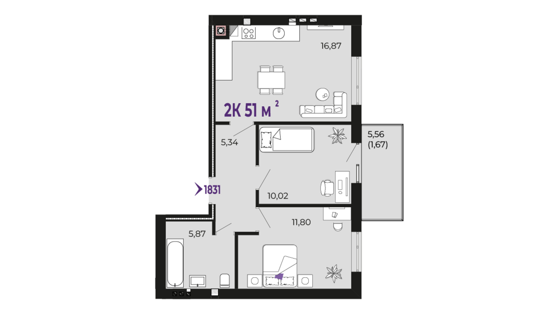 Планування 2-кімнатної квартири в ЖК Долішній 51 м², фото 690189