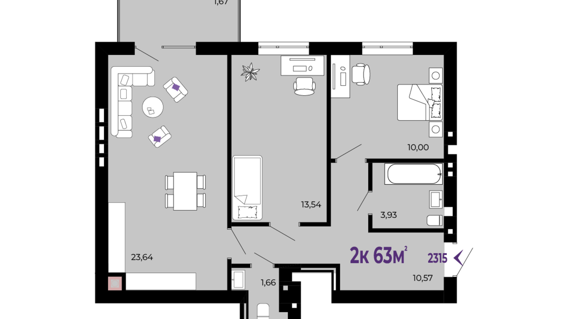 Планування 2-кімнатної квартири в ЖК Долішній 63 м², фото 690196