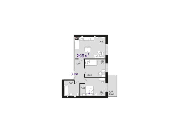 ЖК Долішній: планировка 2-комнатной квартиры 51 м²
