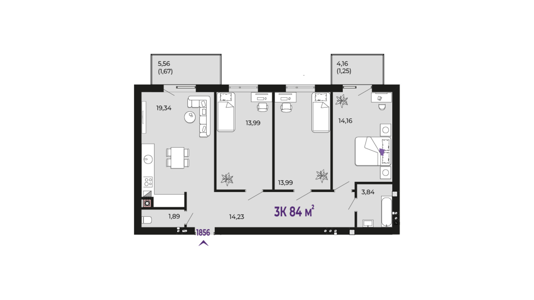 Планування 3-кімнатної квартири в ЖК Долішній 84 м², фото 690199