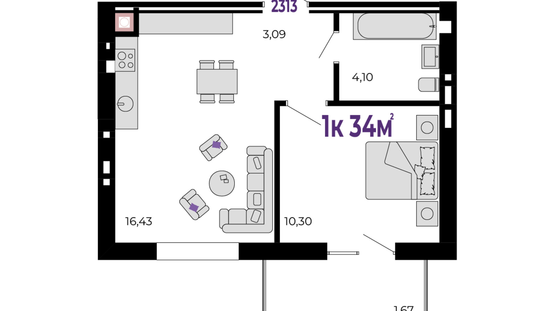 Планировка 1-комнатной квартиры в ЖК Долішній 34 м², фото 690200
