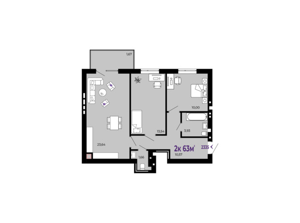 ЖК Долішній: планировка 2-комнатной квартиры 63 м²