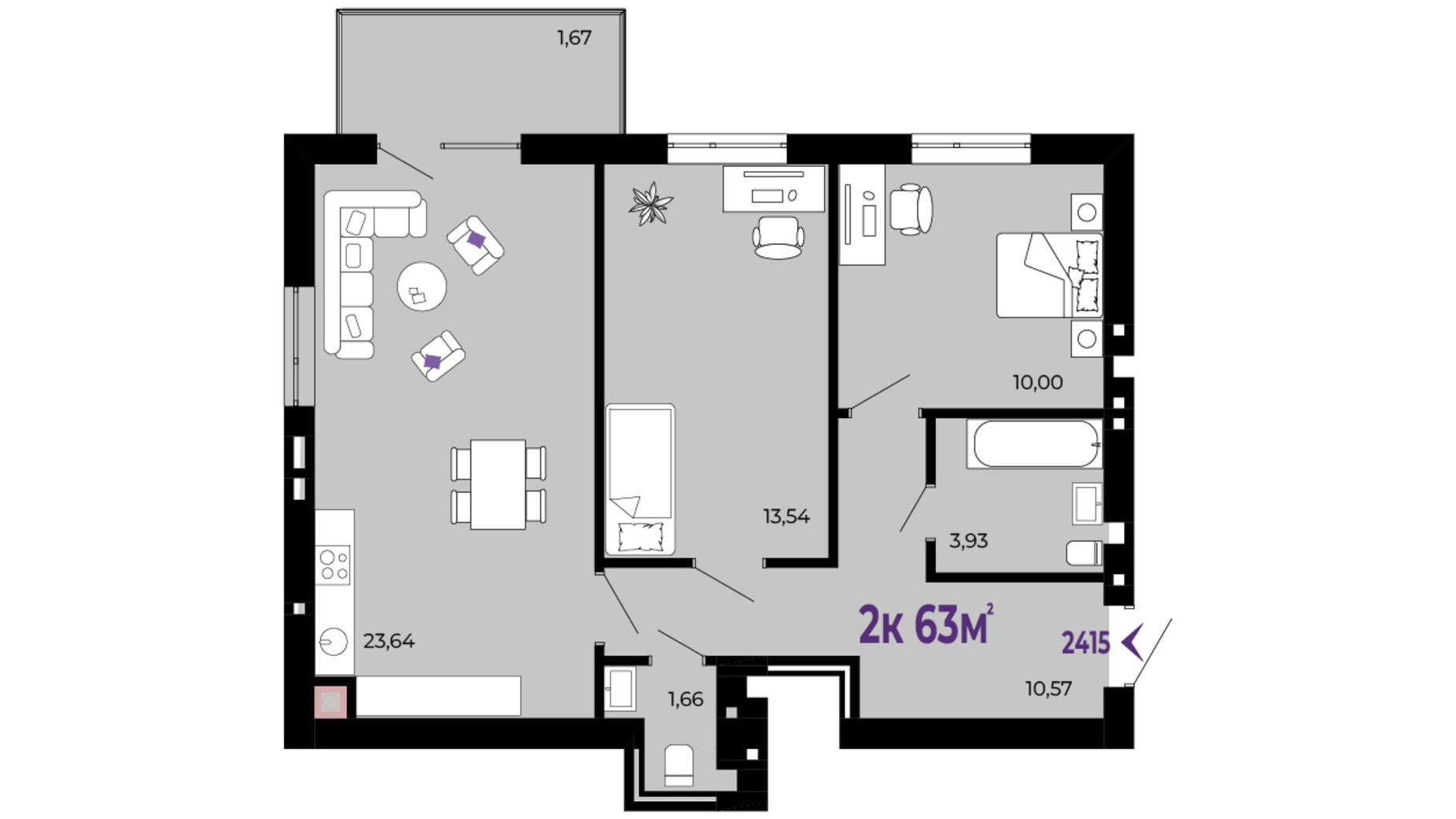 Планування 2-кімнатної квартири в ЖК Долішній 63 м², фото 690211