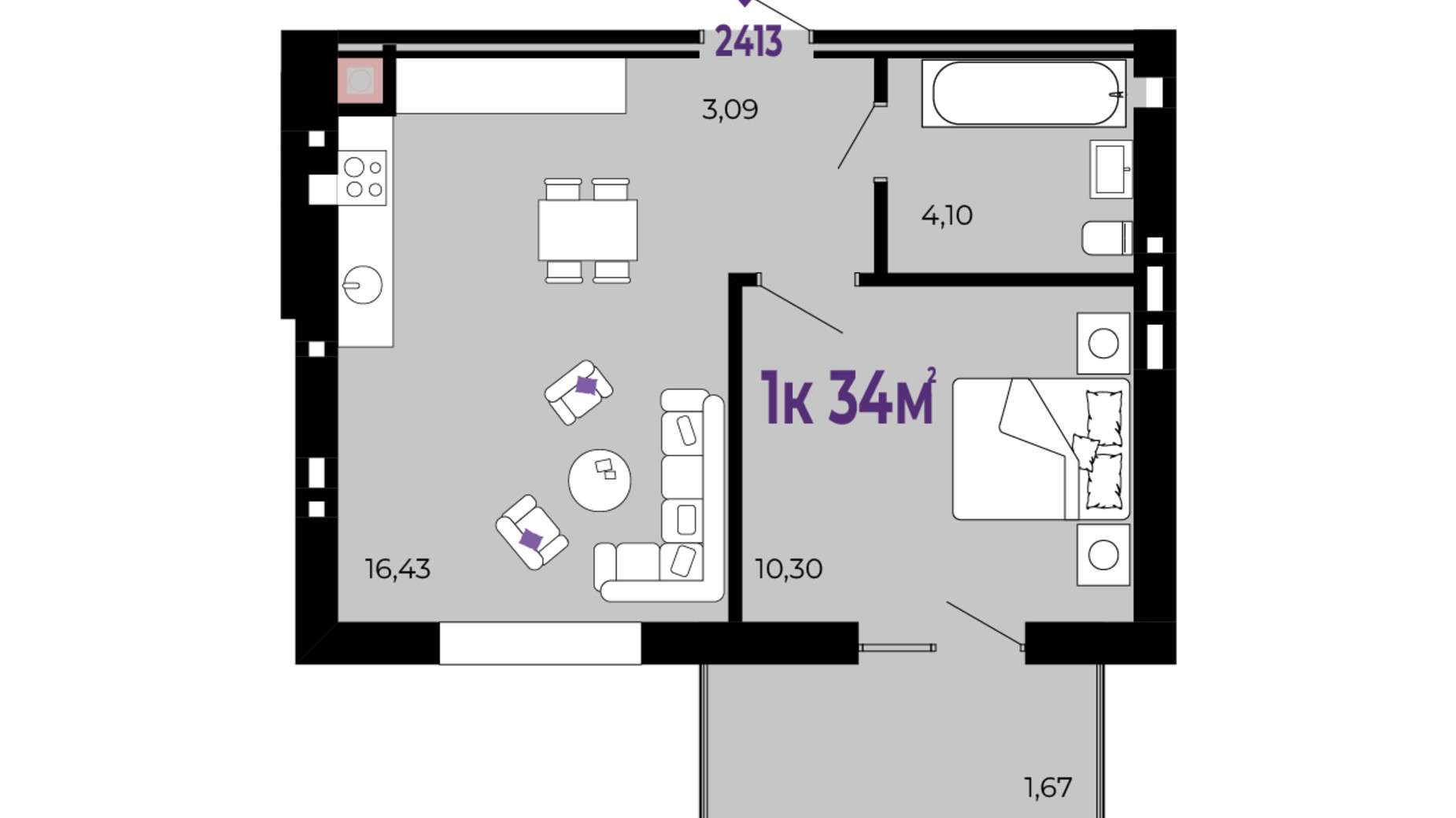 Планировка 1-комнатной квартиры в ЖК Долішній 34 м², фото 690212