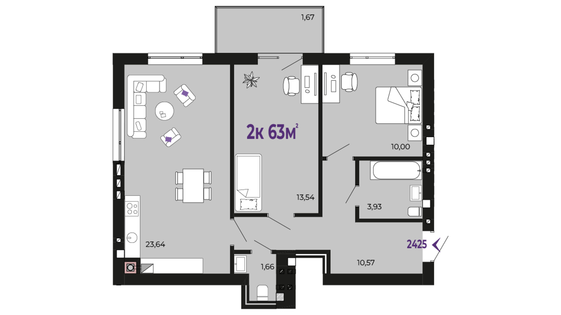 Планування 2-кімнатної квартири в ЖК Долішній 63 м², фото 690216
