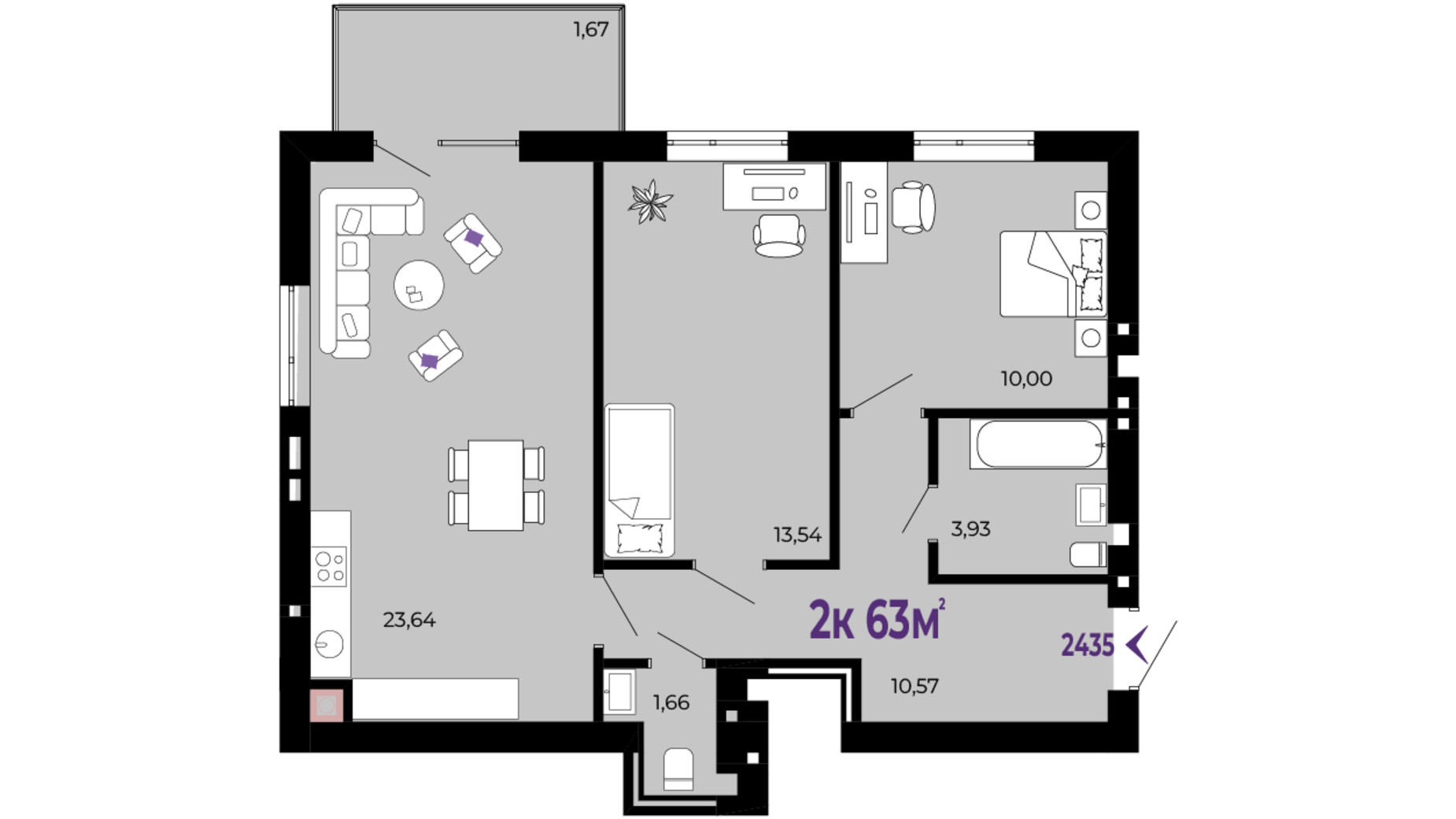 Планування 2-кімнатної квартири в ЖК Долішній 63 м², фото 690218