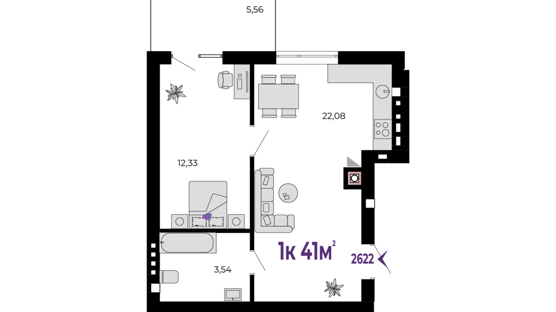 Планування 1-кімнатної квартири в ЖК Долішній 41 м², фото 690226