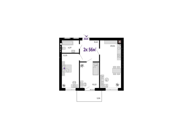 ЖК Долішній: планировка 2-комнатной квартиры 56 м²