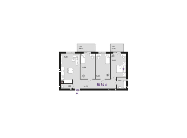 ЖК Долішній: планировка 3-комнатной квартиры 84 м²