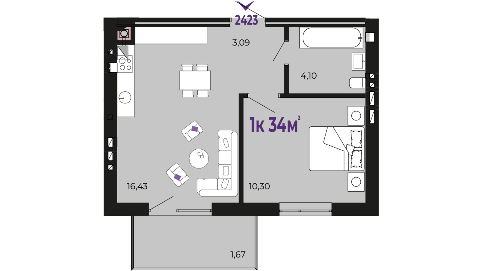 Планування 1-кімнатної квартири в ЖК Долішній 34 м², фото 690243