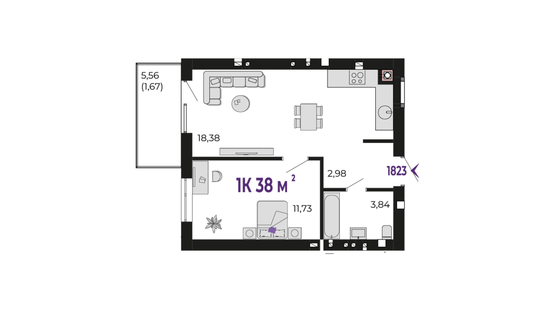 Планування 1-кімнатної квартири в ЖК Долішній 38 м², фото 690245