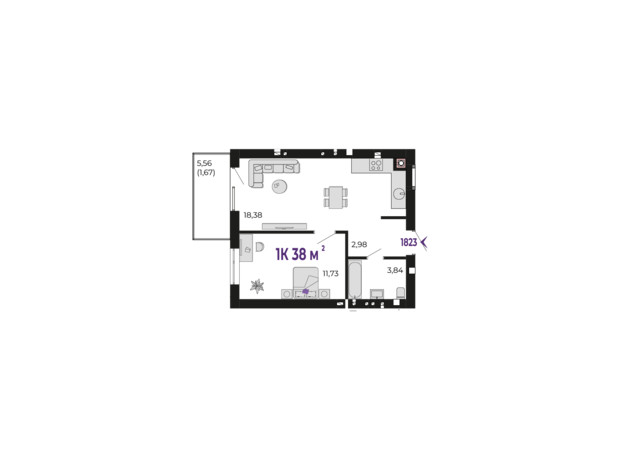 ЖК Долішній: планировка 1-комнатной квартиры 38 м²