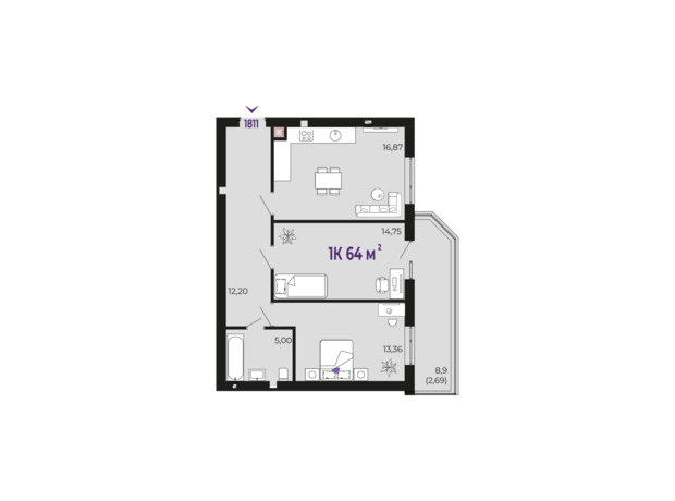 ЖК Долішній: планировка 2-комнатной квартиры 64 м²