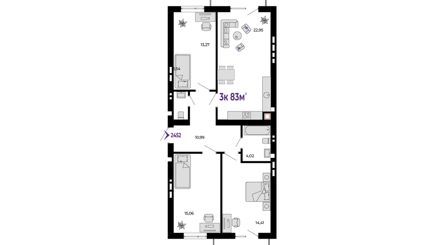 Планування 3-кімнатної квартири в ЖК Долішній 83 м², фото 690253