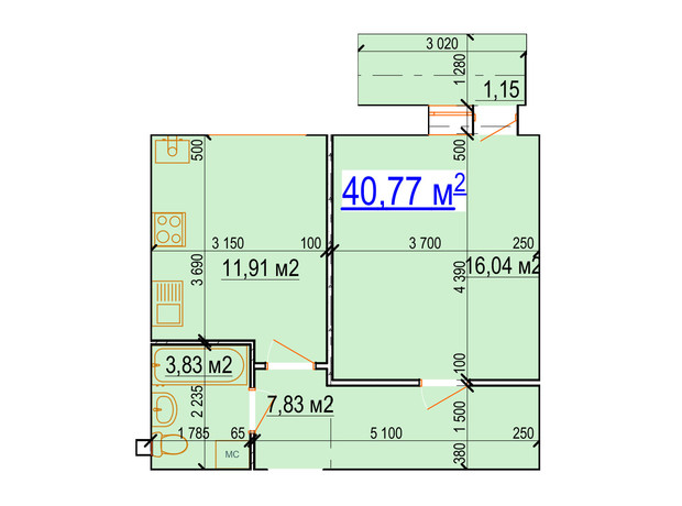 ЖК Manhattan: планування 1-кімнатної квартири 40.77 м²