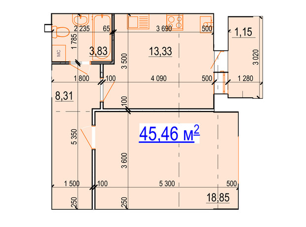 ЖК Manhattan: планування 1-кімнатної квартири 45.46 м²