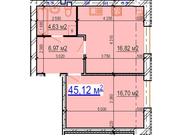 ЖК Manhattan: планування 1-кімнатної квартири 45.12 м²